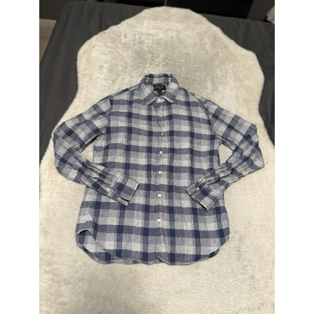 Bonobos Slim Fit Mens Blue‎ Plaid Linen Blend Button Down Shirt Size Medium Top